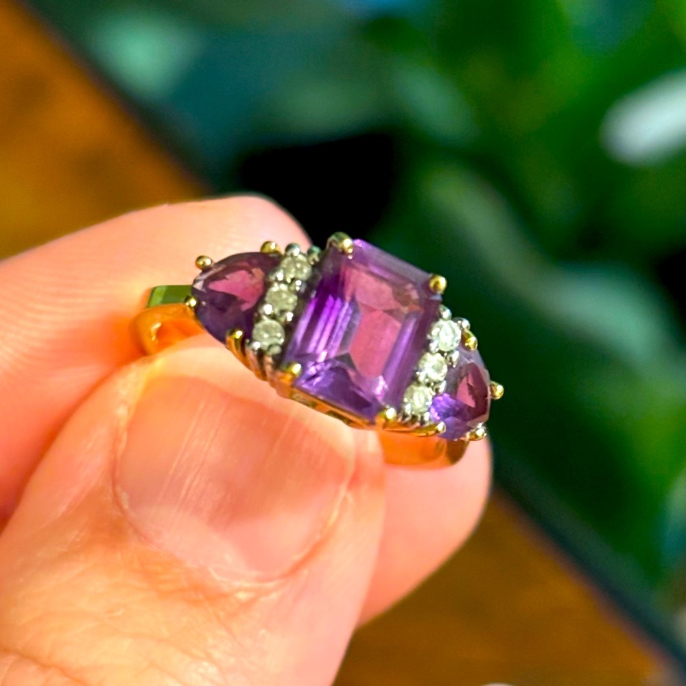 Genuine 14K Yellow Gold & Emerald-Cut Amethyst Antique Diamond Ring, Size 6.25